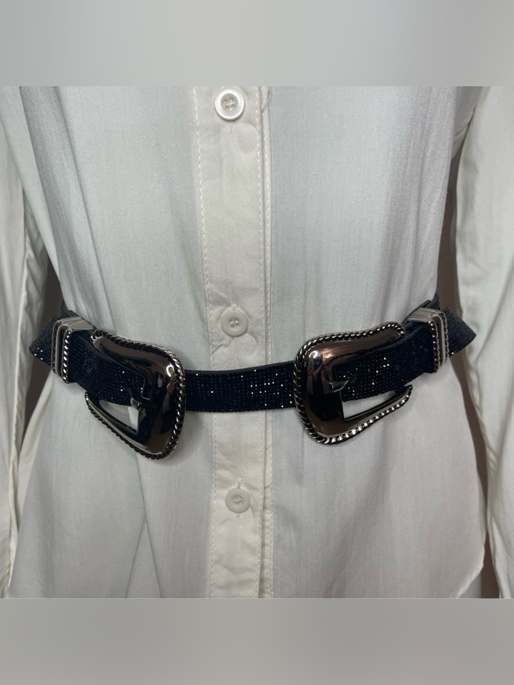 Black PU leather silver tone double buckle skinny belt with rhinestones details